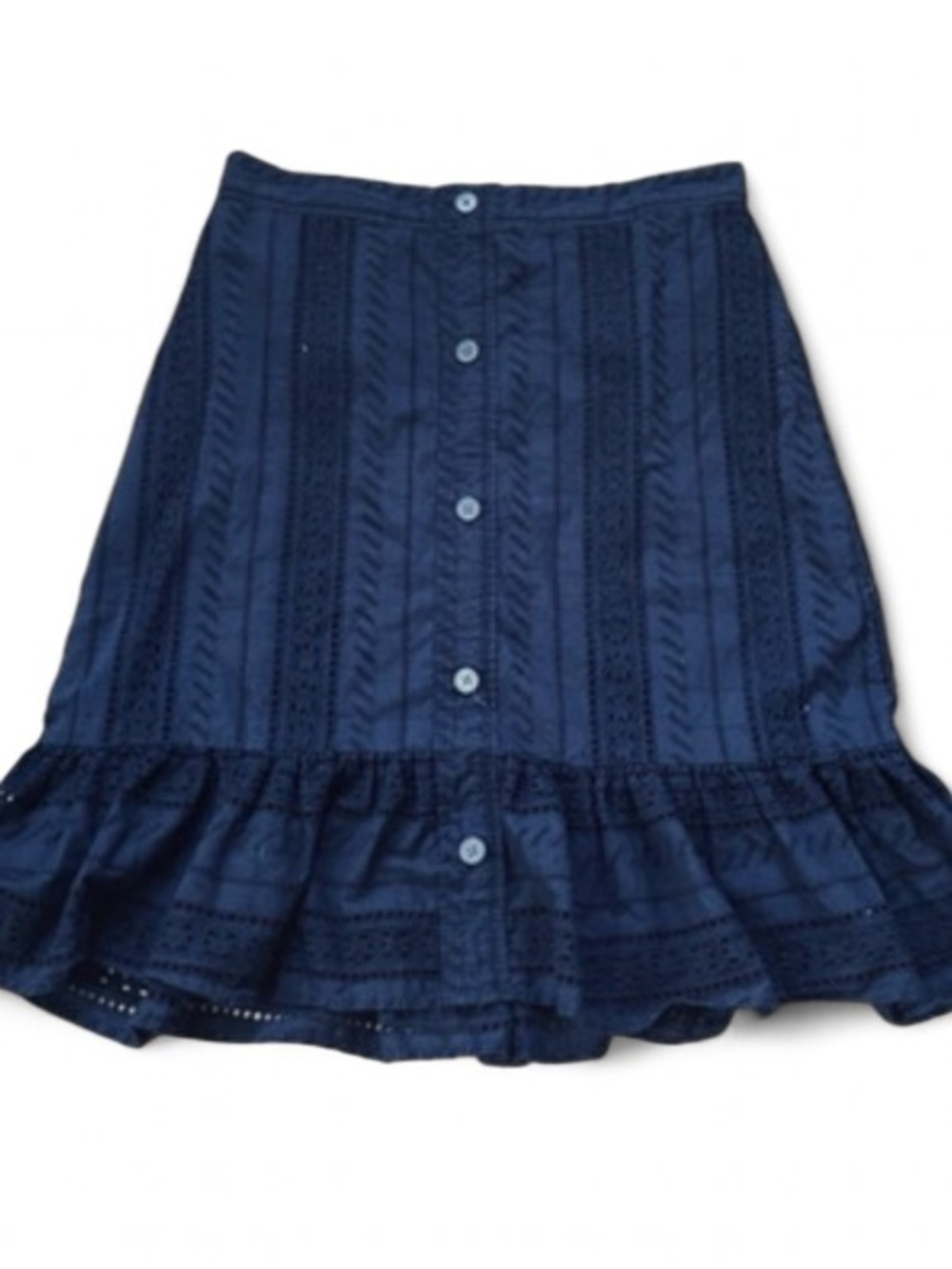 LOFT navy blue, vertical eyelet lace panels, trumpet hem skirt. 100% Cotton